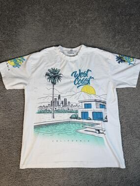 JAQWIN Shirt Mens 2XL White Los Angeles West Coast Graphic Crew Neck Relaxed Fit